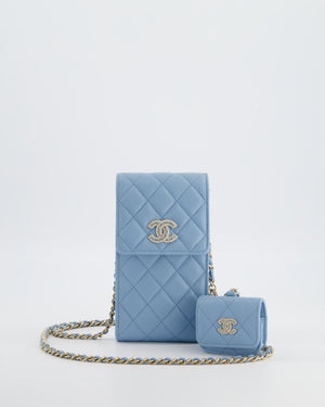 Chanel Sky Blue Phone Holder Cross-Body Bag with Airpod Pouch in Caviar Leather with Champagne Gold Hardware