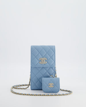 Chanel Sky Blue Phone Holder Cross-Body Bag with Airpod Pouch in Caviar Leather with Champagne Gold Hardware