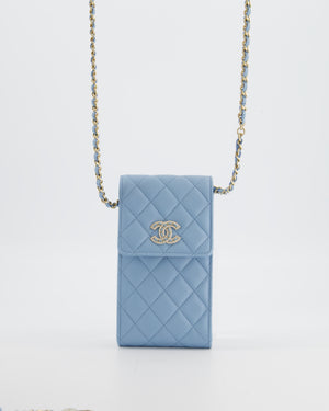Chanel Sky Blue Phone Holder Cross-Body Bag with Airpod Pouch in Caviar Leather with Champagne Gold Hardware