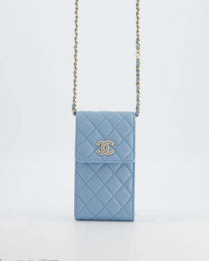 Chanel Sky Blue Phone Holder Cross-Body Bag with Airpod Pouch in Caviar Leather with Champagne Gold Hardware