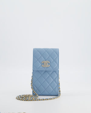 Chanel Sky Blue Phone Holder Cross-Body Bag with Airpod Pouch in Caviar Leather with Champagne Gold Hardware