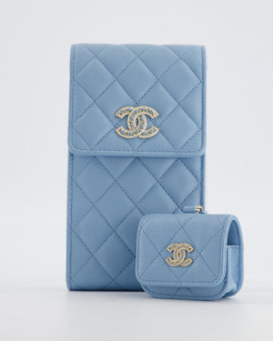 Chanel Sky Blue Phone Holder Cross-Body Bag with Airpod Pouch in Caviar Leather with Champagne Gold Hardware