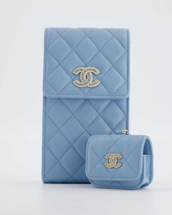 Chanel Sky Blue Phone Holder Cross-Body Bag with Airpod Pouch in Caviar Leather with Champagne Gold Hardware