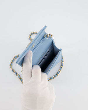 Chanel Sky Blue Phone Holder Cross-Body Bag with Airpod Pouch in Caviar Leather with Champagne Gold Hardware