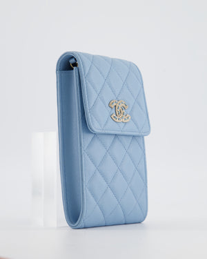 Chanel Sky Blue Phone Holder Cross-Body Bag with Airpod Pouch in Caviar Leather with Champagne Gold Hardware