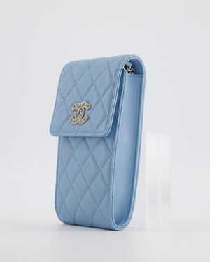 Chanel Sky Blue Phone Holder Cross-Body Bag with Airpod Pouch in Caviar Leather with Champagne Gold Hardware