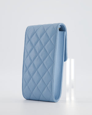 Chanel Sky Blue Phone Holder Cross-Body Bag with Airpod Pouch in Caviar Leather with Champagne Gold Hardware