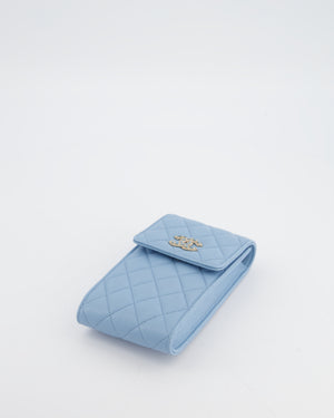 Chanel Sky Blue Phone Holder Cross-Body Bag with Airpod Pouch in Caviar Leather with Champagne Gold Hardware