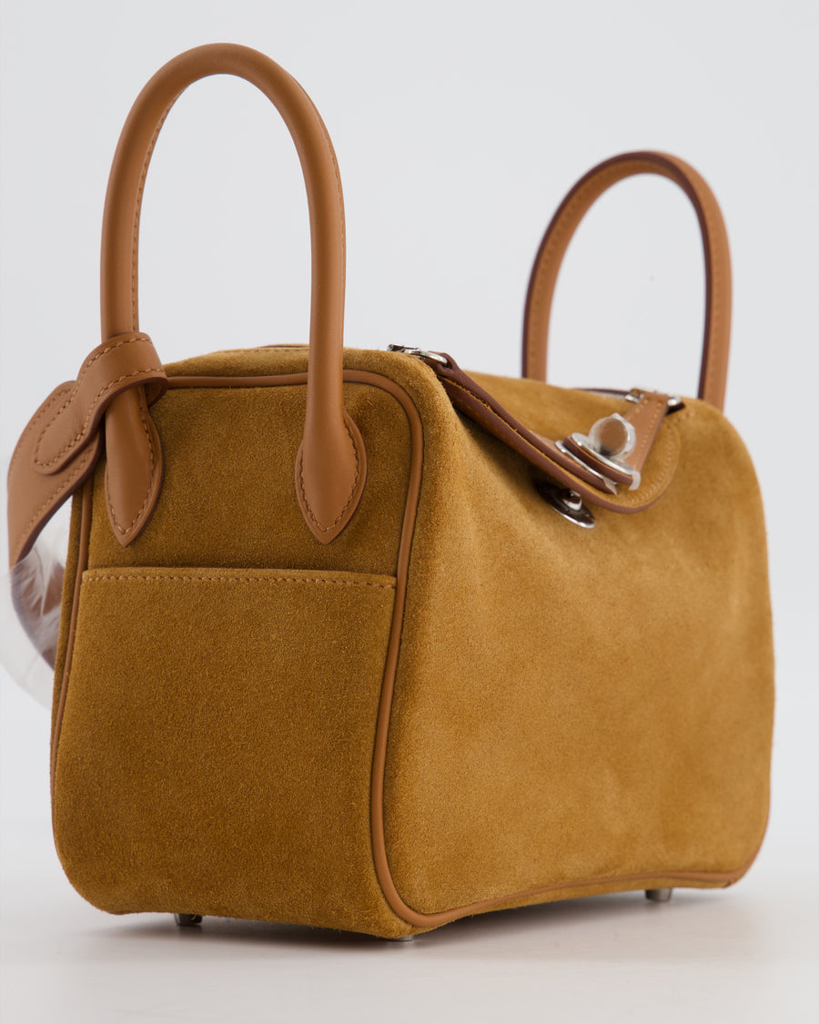 *RARE* Hermès Mini Lindy Grizzly Bag in Gold Suede and Swift Leather with Palladium Hardware