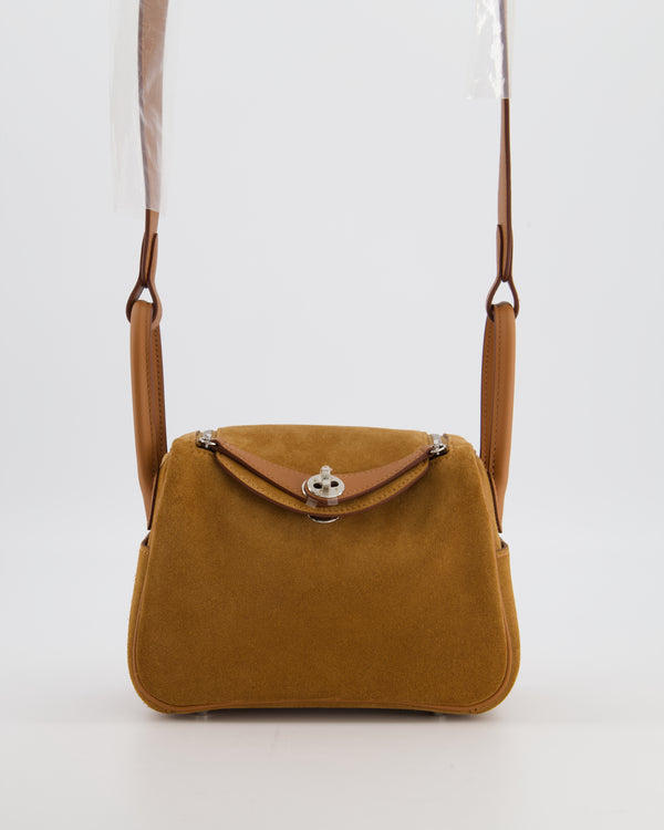 *RARE* Hermès Mini Lindy Grizzly Bag in Gold Suede and Swift Leather with Palladium Hardware