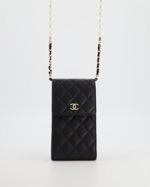 Chanel Black Phone Holder Bag in Lambskin Leather with Pearl Chain & Champagne Gold Hardware