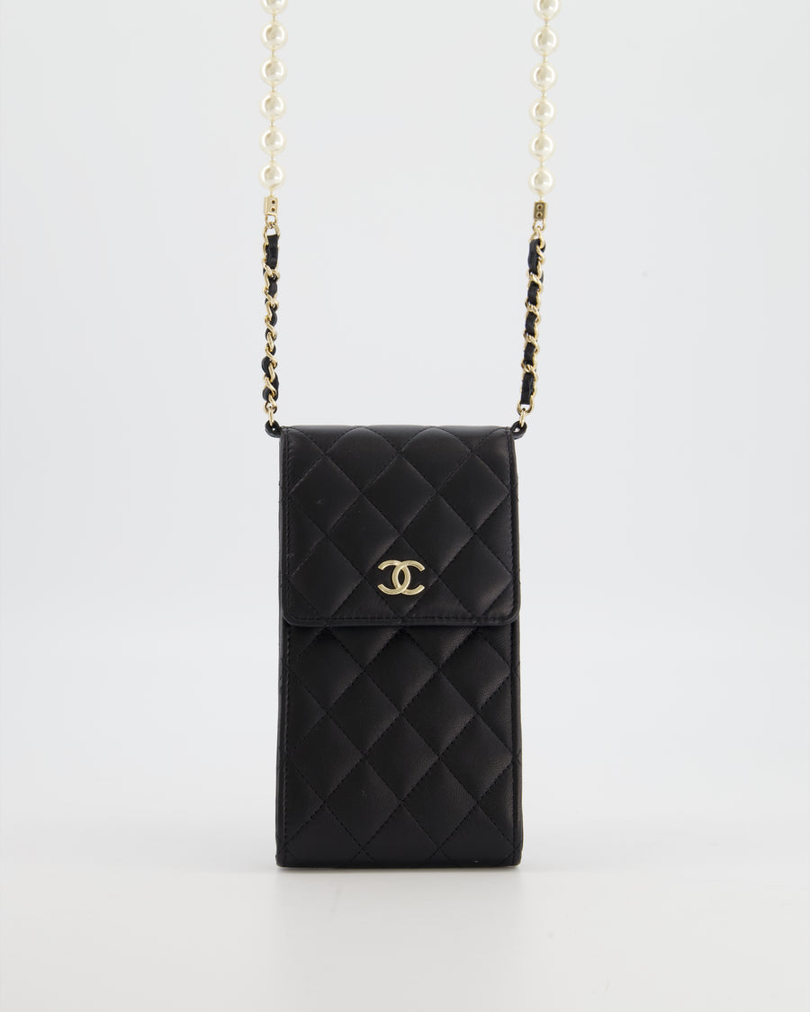 Chanel Black Phone Holder Bag in Lambskin Leather with Pearl Chain & Champagne Gold Hardware