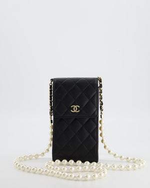 Chanel Black Phone Holder Bag in Lambskin Leather with Pearl Chain & Champagne Gold Hardware