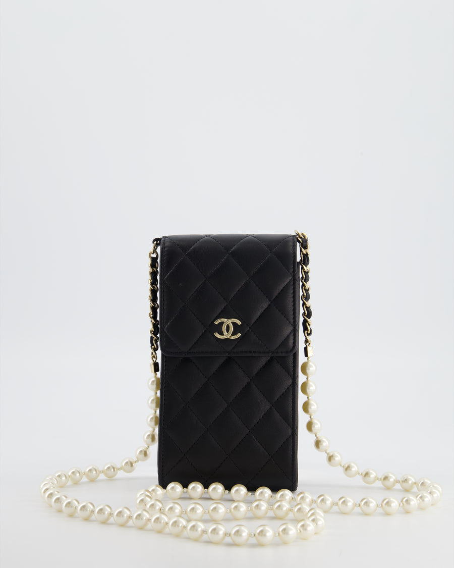 Chanel Black Phone Holder Bag in Lambskin Leather with Pearl Chain & Champagne Gold Hardware