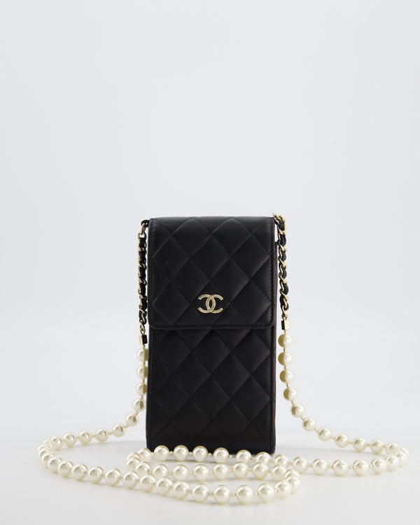 Chanel Black Phone Holder Bag in Lambskin Leather with Pearl Chain & Champagne Gold Hardware