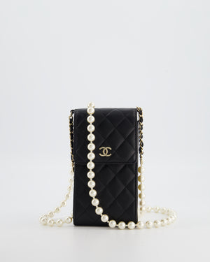 Chanel Black Phone Holder Bag in Lambskin Leather with Pearl Chain & Champagne Gold Hardware