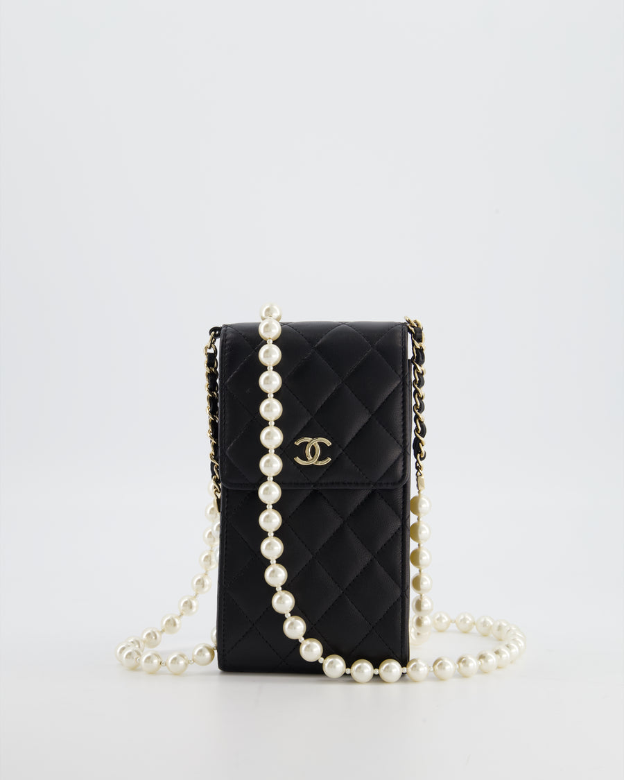 Chanel Black Phone Holder Bag in Lambskin Leather with Pearl Chain & Champagne Gold Hardware
