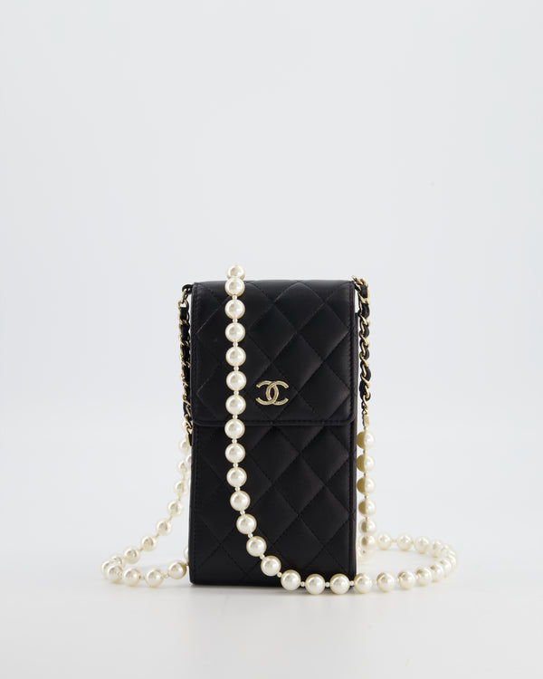 Chanel Black Phone Holder Bag in Lambskin Leather with Pearl Chain & Champagne Gold Hardware