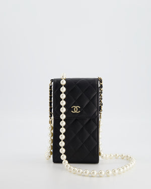 Chanel Black Phone Holder Bag in Lambskin Leather with Pearl Chain & Champagne Gold Hardware