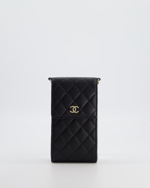 Chanel Black Phone Holder Bag in Lambskin Leather with Pearl Chain & Champagne Gold Hardware