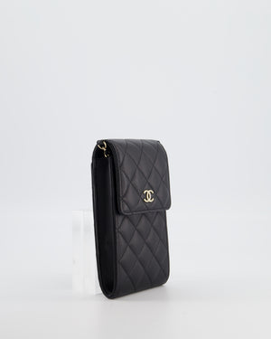 Chanel Black Phone Holder Bag in Lambskin Leather with Pearl Chain & Champagne Gold Hardware