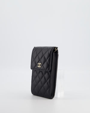 Chanel Black Phone Holder Bag in Lambskin Leather with Pearl Chain & Champagne Gold Hardware