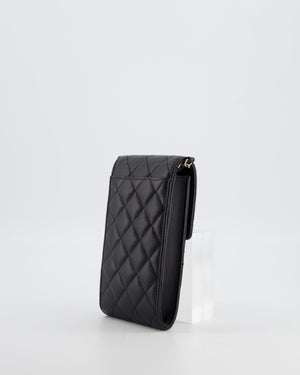 Chanel Black Phone Holder Bag in Lambskin Leather with Pearl Chain & Champagne Gold Hardware