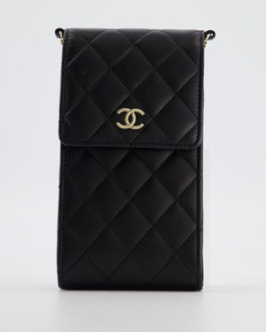 Chanel Black Phone Holder Bag in Lambskin Leather with Pearl Chain & Champagne Gold Hardware