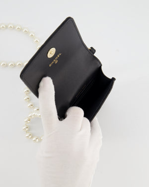 Chanel Black Phone Holder Bag in Lambskin Leather with Pearl Chain & Champagne Gold Hardware