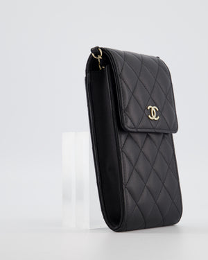 Chanel Black Phone Holder Bag in Lambskin Leather with Pearl Chain & Champagne Gold Hardware