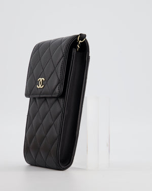 Chanel Black Phone Holder Bag in Lambskin Leather with Pearl Chain & Champagne Gold Hardware