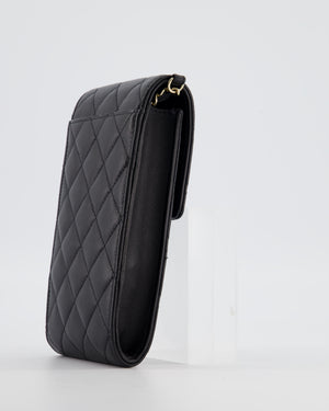 Chanel Black Phone Holder Bag in Lambskin Leather with Pearl Chain & Champagne Gold Hardware