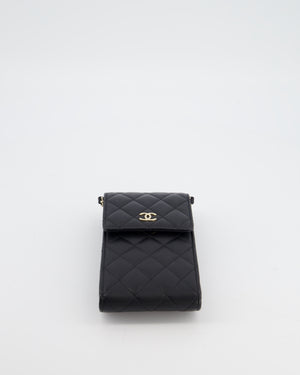 Chanel Black Phone Holder Bag in Lambskin Leather with Pearl Chain & Champagne Gold Hardware