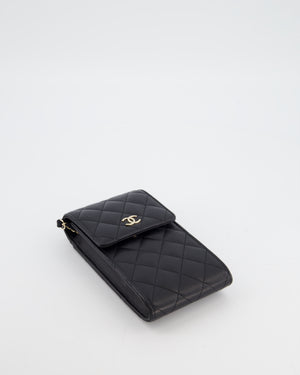 Chanel Black Phone Holder Bag in Lambskin Leather with Pearl Chain & Champagne Gold Hardware