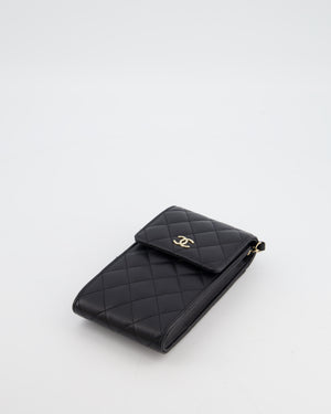 Chanel Black Phone Holder Bag in Lambskin Leather with Pearl Chain & Champagne Gold Hardware