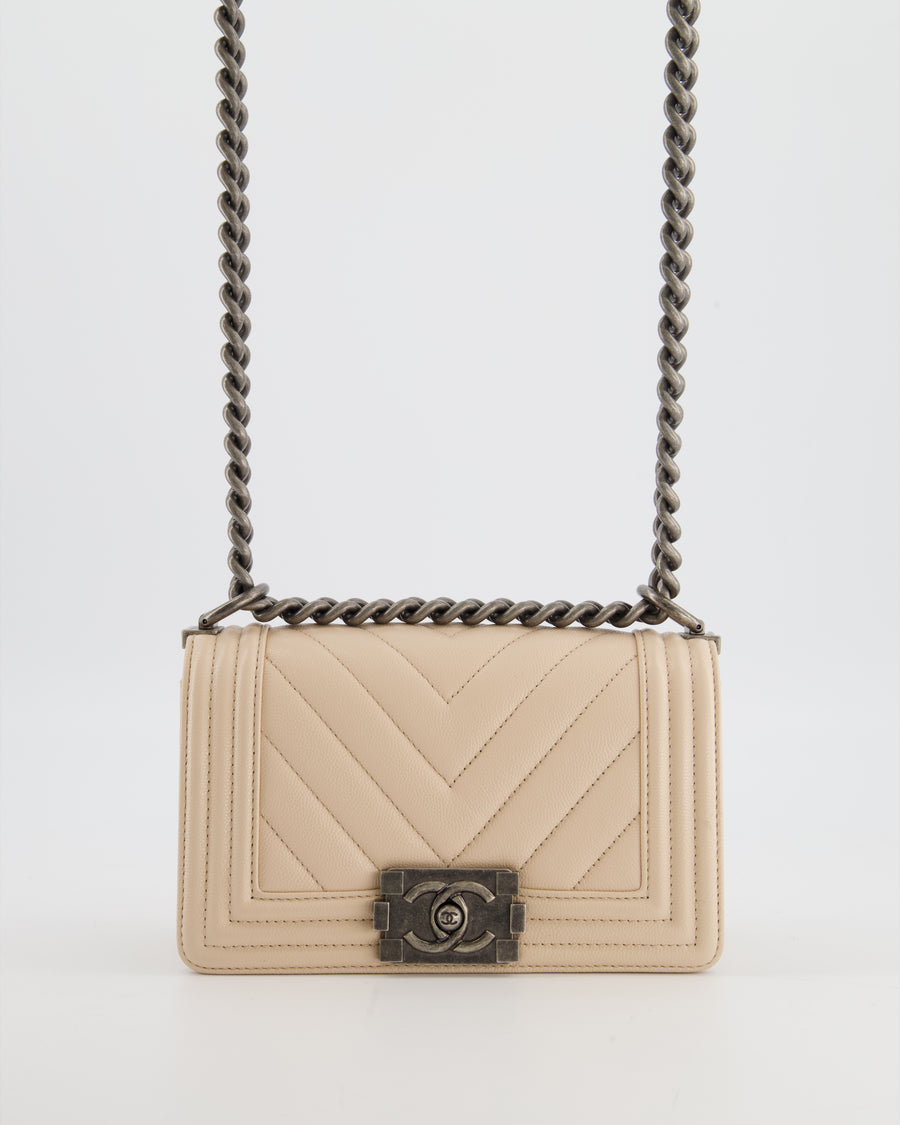 Chanel Nude Small Chevron Boy Bag in Caviar Leather with Ruthenium Hardware