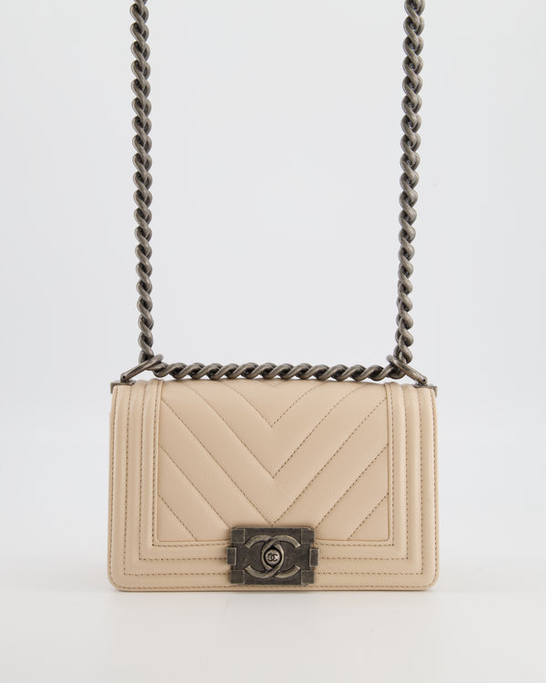 Chanel Nude Small Chevron Boy Bag in Caviar Leather with Ruthenium Hardware