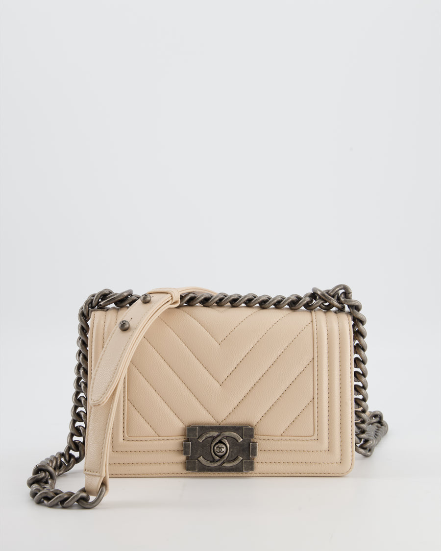 Chanel Nude Small Chevron Boy Bag in Caviar Leather with Ruthenium Hardware