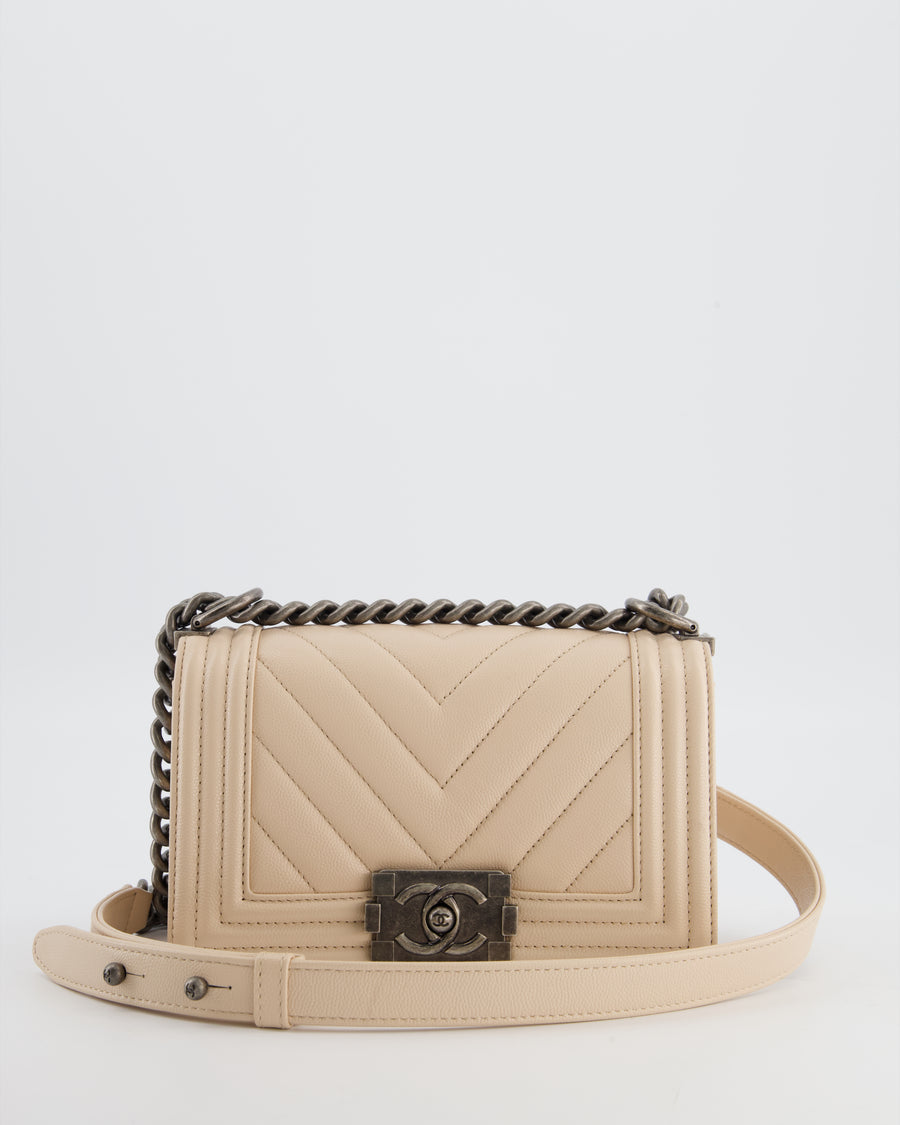 Chanel Nude Small Chevron Boy Bag in Caviar Leather with Ruthenium Hardware