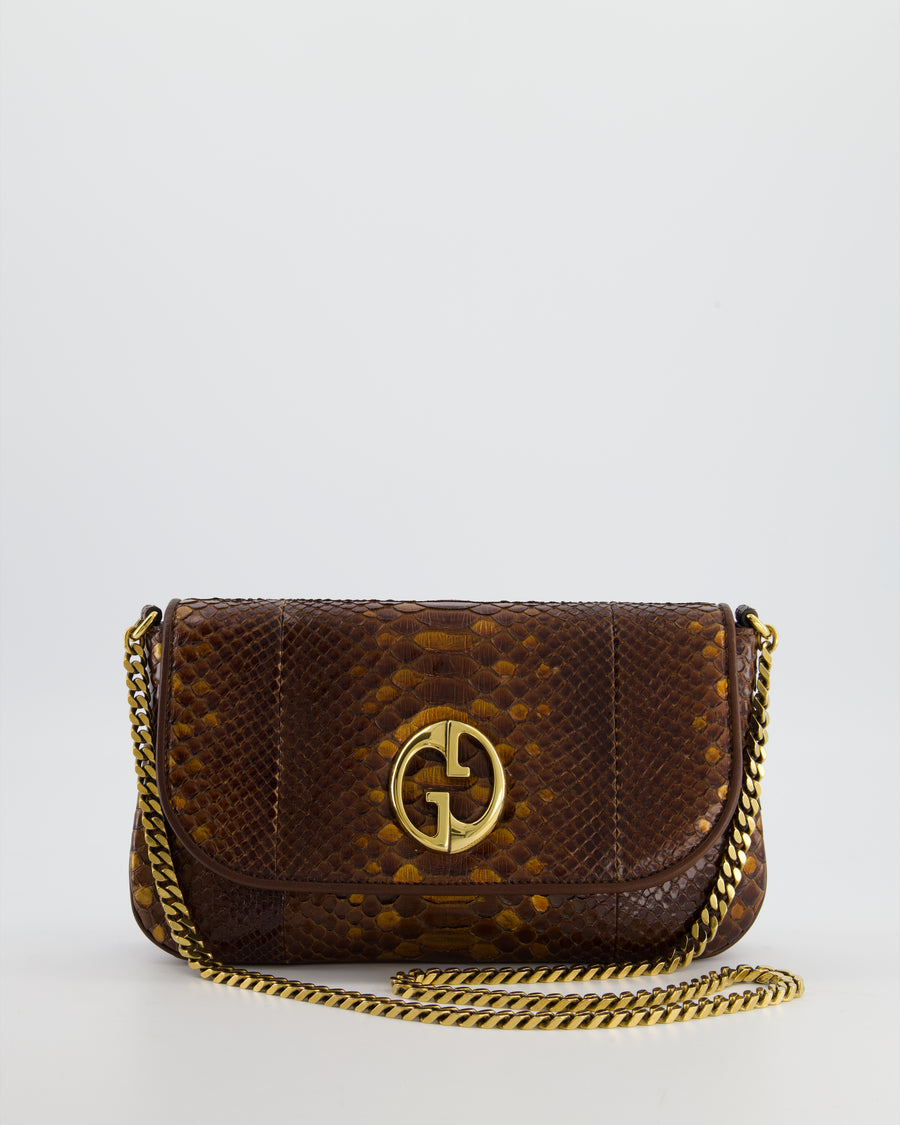 Gucci Brown Vintage Metallic Python Shoulder Bag with Gold Hardware and GG Logo
