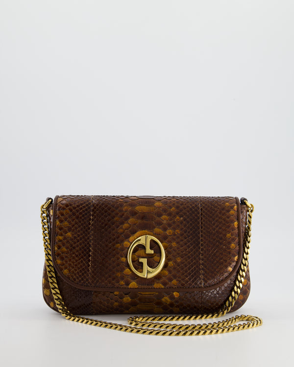 Gucci Brown Vintage Metallic Python Shoulder Bag with Gold Hardware and GG Logo