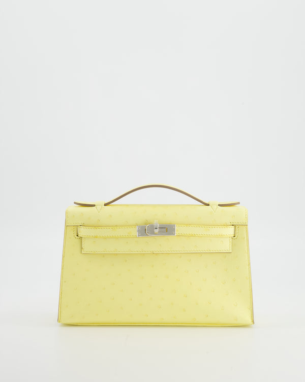 Hermès Kelly Pochette Bag in Limoncello Ostrich Leather with Palladium Hardware