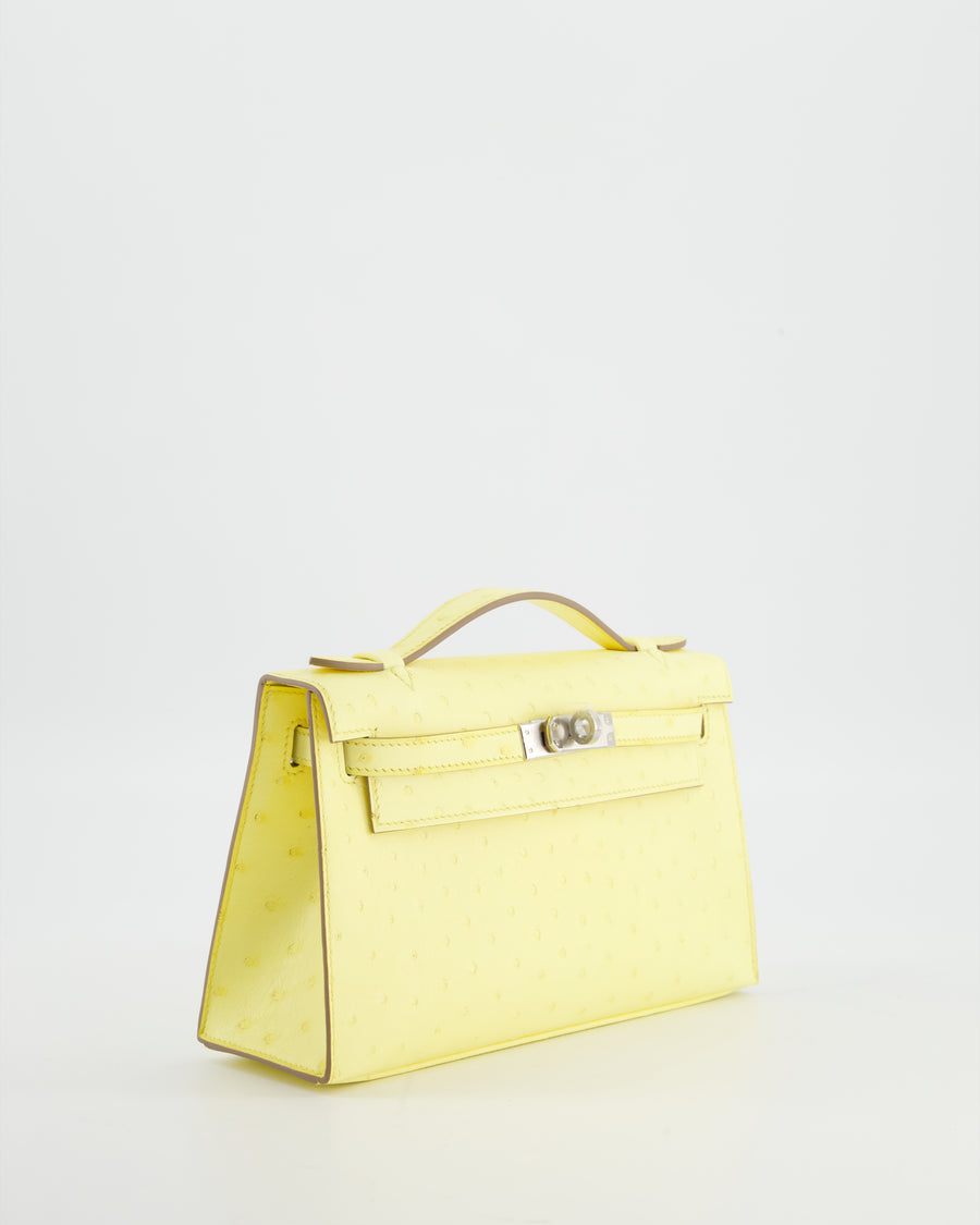 Hermès Kelly Pochette Bag in Limoncello Ostrich Leather with Palladium Hardware