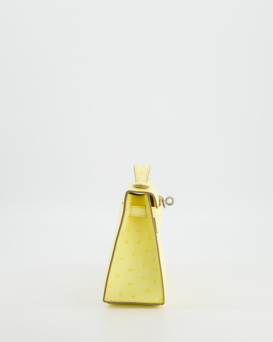 Hermès Kelly Pochette Bag in Limoncello Ostrich Leather with Palladium Hardware