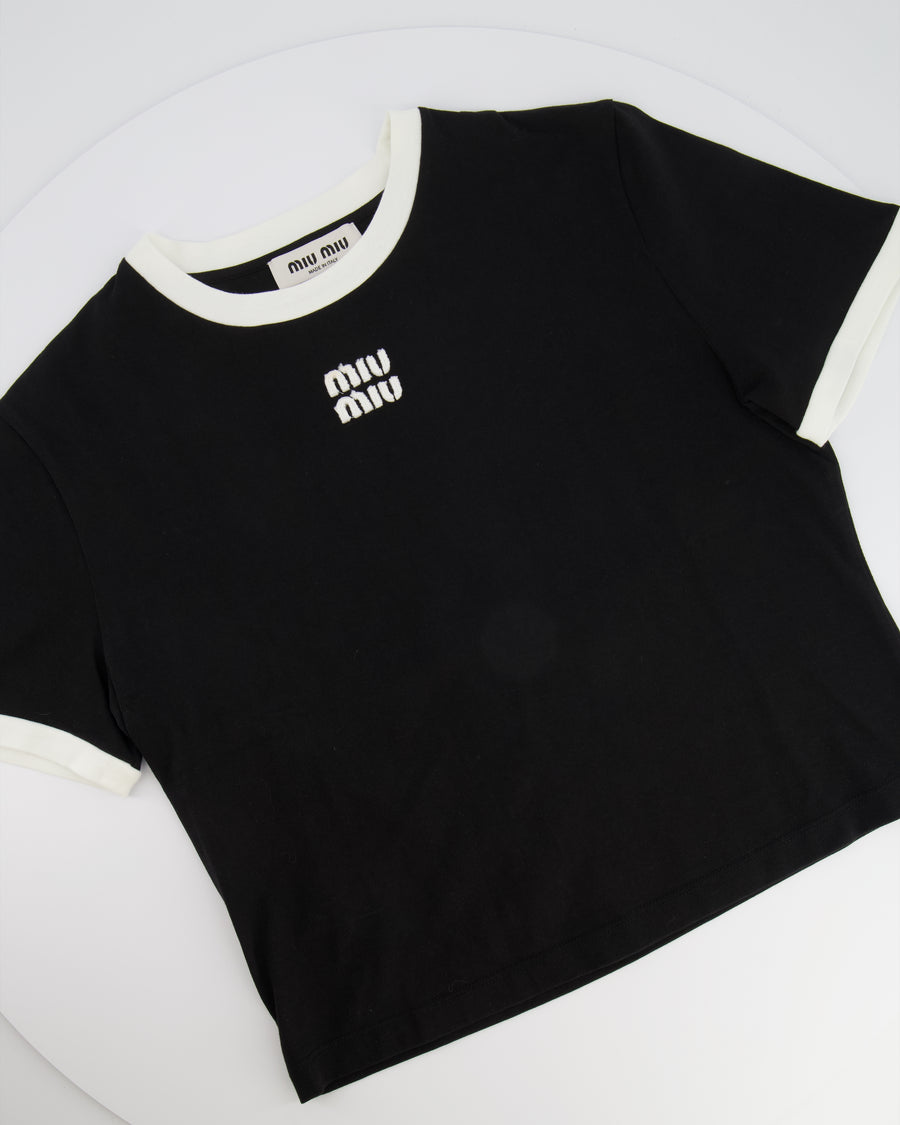 Miu Miu Black Cotton Jersey T-Shirt with Embroidered Logo Size M (UK 10) RRP £590