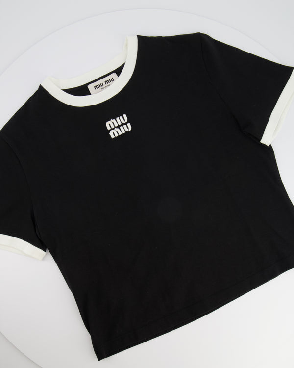 Miu Miu Black Cotton Jersey T-Shirt with Embroidered Logo Size M (UK 10) RRP £590