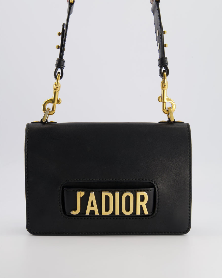 Christian Dior Black Leather J'Adior Flap Bag with Multi-Colour Embroidered Canvas Strap and Gold Hardware