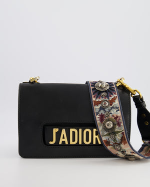 Christian Dior Black Leather J'Adior Flap Bag with Multi-Colour Embroidered Canvas Strap and Gold Hardware