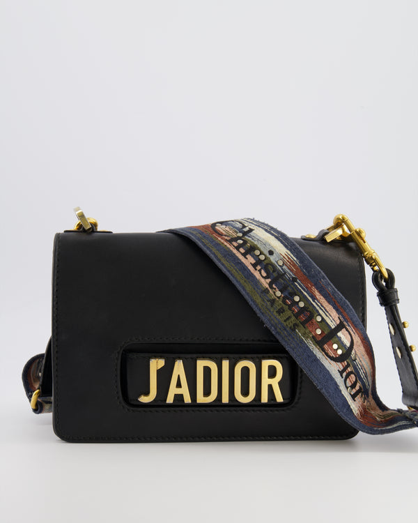 Christian Dior Black Leather J'Adior Flap Bag with Multi-Colour Embroidered Canvas Strap and Gold Hardware