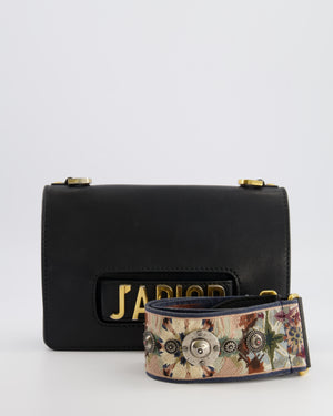 Christian Dior Black Leather J'Adior Flap Bag with Multi-Colour Embroidered Canvas Strap and Gold Hardware
